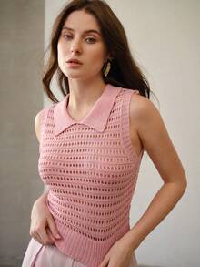 MOTF PREMIUM COLLAR HOLLOW OUT KNIT TOP - Pink - View 4