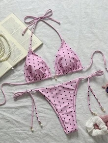 Swim Vcay 女款多色掛脖波點比基尼套裝，泳裝面料搭配側綁帶與後綁帶設計 - 彩色 - 查看 3