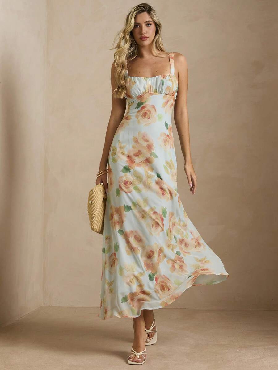 Enchnt 雪纺印花吊带露背A字长裙，浪漫法式风格，优雅春夏款，浅蓝色 - 彩色 - 查看 1