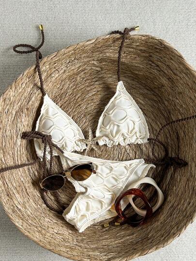 Swim Vcay 2pcs Special Fabric Decor Halter Tie-Up Bikini Set, Fashionable & Sexy Swimwear