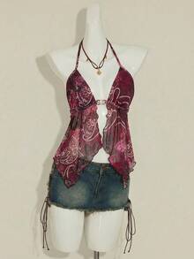 SHEIN ICON 性感佩斯利印花露背吊带上衣，夏季 - 酒紅色 - 查看 5