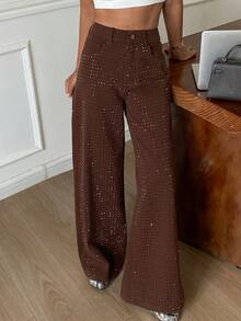 DAZY Women's Regular Waist Rhinestone Embellished Loose Straight Leg Casual Brown Jeans - Brown - View 4