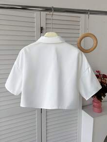 SHEIN Tween Girls Bow Embroidered Floral Pattern Collared Short Casual Blouse,Kids - White - View 2