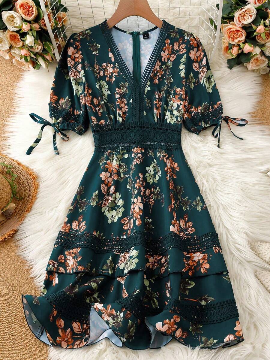 GlowEve Vestido de verano elegante de mujer con estampado floral y patchwork de encaje - Verde Oscuro - Ver 1