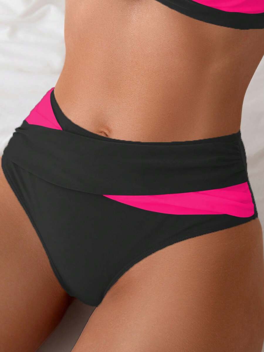 SHEIN Swim Multicolor Women's Short High Waist Ruched Colorblock Bikini Bottom - Multicolor - View 1