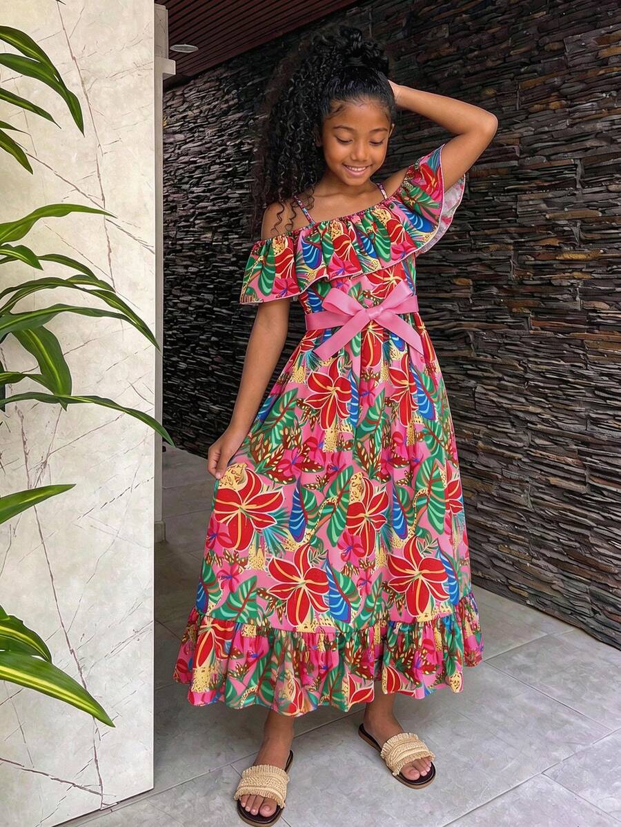 Sparklyn Girls' Casual Floral Print Ruffle Hem Camisole Dress - Multicolor - View 1