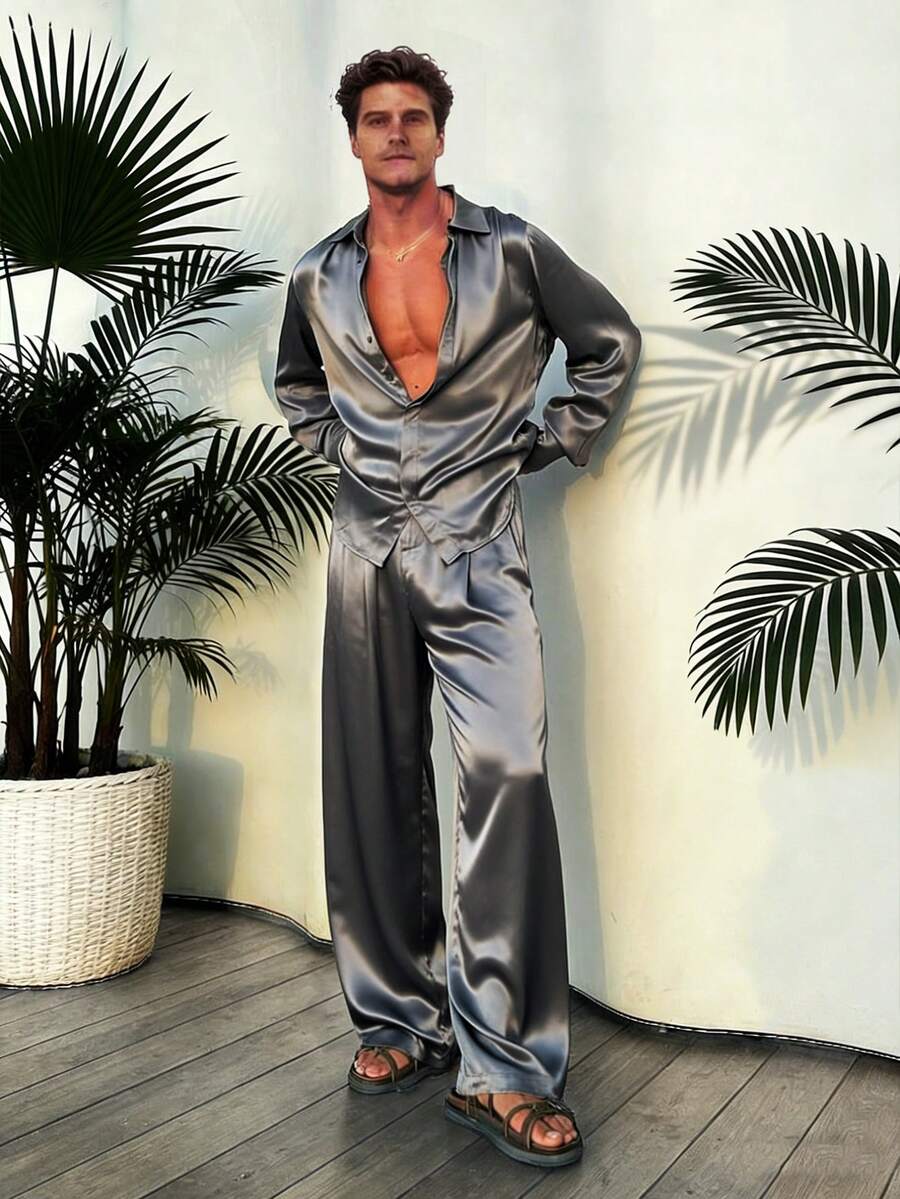 Airaco Bộ quần áo nam thường ngày, màu trơn, tay dài, cài một hàng cúc, gồm áo sơ mi và quần. - Bạc - Xem 1