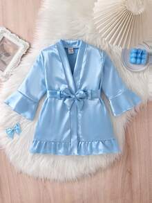 Newborn Baby Dressing Gown With Ruffles In Solid Silk Fabric, Soft Solid Tie Cute And Comfortable In Summer 2026 New Baby Set - Blue - View 6