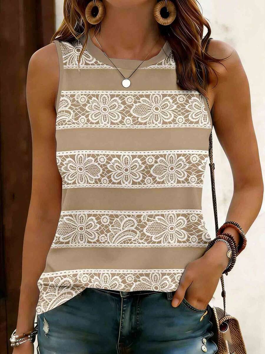 EMERY ROSE Women's Lace Patchwork Printed Sleeveless Top, Comfortable Casual Round Neck Tank Top For Summer Daily Wear - Apricot - View 1