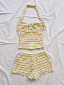 Soleia 女士夏季休闲条纹露背吊带上衣和短裤两件套 - 黃色 - 查看 2