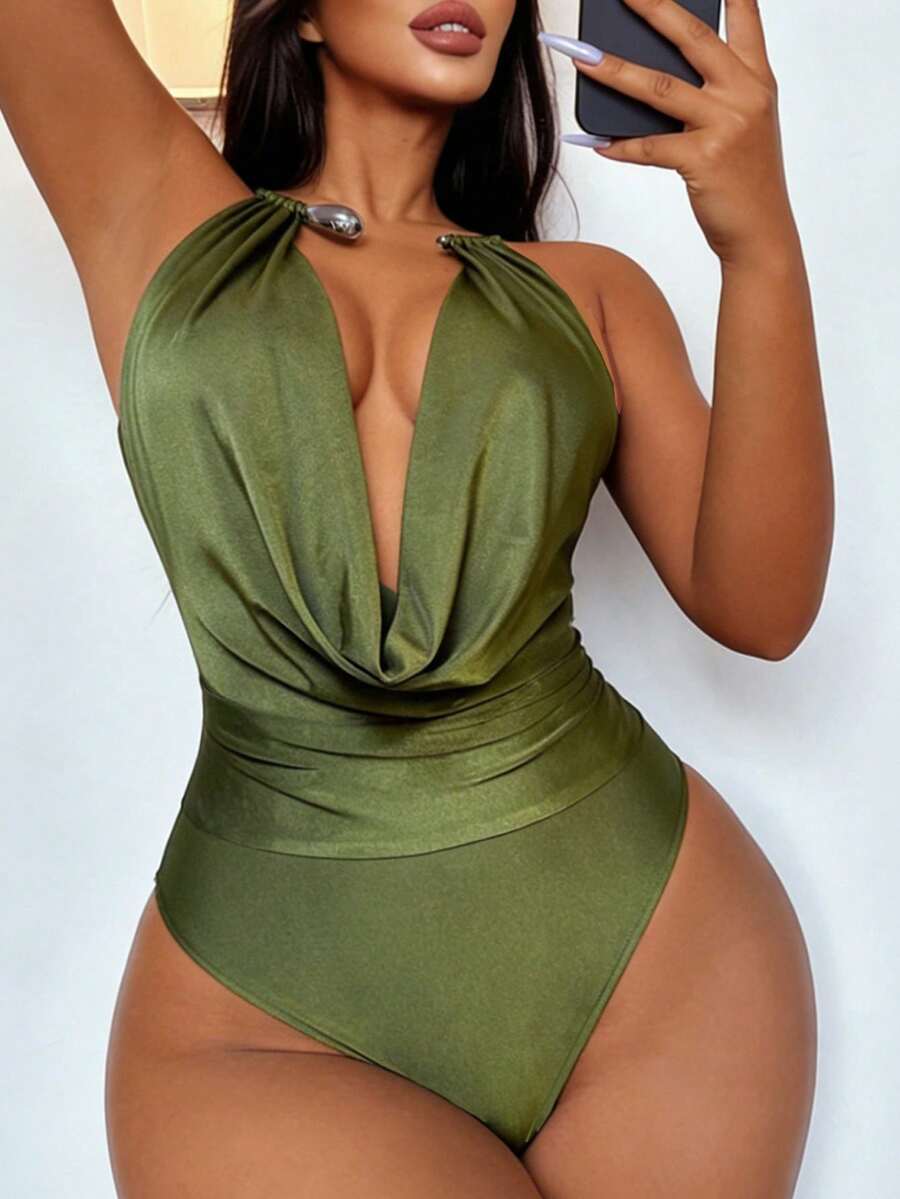 Zyxie 优雅性感露肩深V领连体衣 - 綠色 - 查看 1