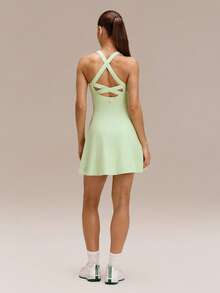 GLOWMODE FeatherFit™-Air Peekaboo Mini Dress With Built-In Shorts Pocket Square Neck Anti-Slip Crisscross Quick Dry Moisture Wicking Spring - Hunter Green - View 9