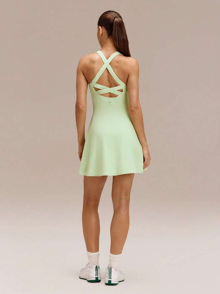 FeatherFit™-Air Peekaboo Mini Dress With Built-In Shorts Pocket Square Neck Anti-Slip Crisscross Light Support Low Impact Quick Dry Moisture Wicking Spring Summer