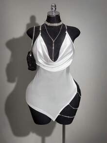 SHEIN ICON Plus Size Velvet Exaggerated Plunging Neckline Rhinestone Decor Backless Criss-Cross High Slit Mini Dress - White - View 1