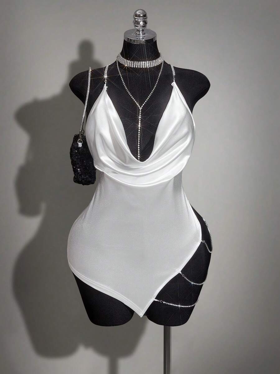 SHEIN ICON Plus Size Velvet Exaggerated Plunging Neckline Rhinestone Decor Backless Criss-Cross High Slit Mini Dress - White - View 1