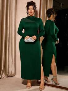 Cravure Elegant Spring/Autumn Stand Collar Long Sleeve Fitted Black Plus Size Women Dress - Dark Green - View 6