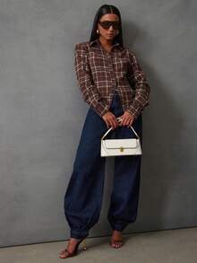 NYA SZN 棕色格子长袖衬衫，纽扣领，商务休闲宽松款式，适合节日、假日派对等场合，尽显奢华优雅，女士必备单品 - 咖啡棕 - 查看 3