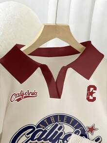 Rovax 女士字母印花短袖T恤和抽绳腰短裤休闲两件套 - 杏色 - 查看 4