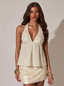 SHEIN BAE Áo hai dây nữ cổ chữ V đính sequin hở lưng, kiểu dáng thường ngày, thích hợp cho kỳ nghỉ, áo hai dây dự tiệc cùng chị em, áo hai dây đính sequin ghép mảnh, áo hai dây dự tiệc âm nhạc, áo hai dây gợi cảm cho kỳ nghỉ, áo hai dây thường ngày, áo hai dây đi biển, áo hai dây quyến rũ. - Màu be - Xem 6