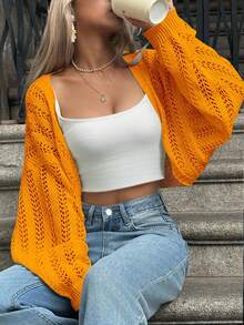 Batwing Sleeve Hollow Out Lightweight Knit Cardigan - Orange - View 4