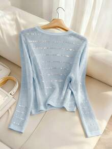 Airaco 女士休闲亮片装饰长袖T恤，适合春秋季穿着 - 淺藍色 - 查看 2