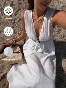 Elyressa Women's Sleeveless Dress With Random Floral Embroidery - White - View 1