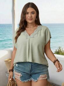 Parysyn Plus Size Women's Sage Green Summer Elegant Blouse,Vacation Holiday Beach V Neck Lace Trim Pleated Front Dolman Short Sleeve Loose Fit Casual Top - Green - View 4