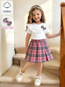 SHEIN Elladie kids 两件套女童休闲新款T恤套装，正面可爱粉色格子图案3D蝴蝶结设计，白色罗纹针织荷叶边T恤，搭配粉色格子开衩短裙，适合可爱、俏皮、休闲、舒适的日常穿着，也适合上学、郊游、海滩、派对等场合。春夏两件套儿童套装，格子裙，女童夏季格子裙，幼儿女童可爱复古风蝴蝶结套装，女童服装裙装套装 - 彩色 - 查看 11