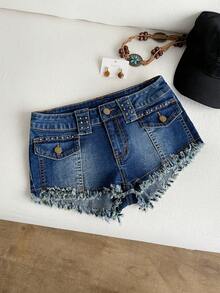 Elamini Shorts vaqueros casuales de mujer con dobladillo deshilachado y remaches - Azul - Ver 1