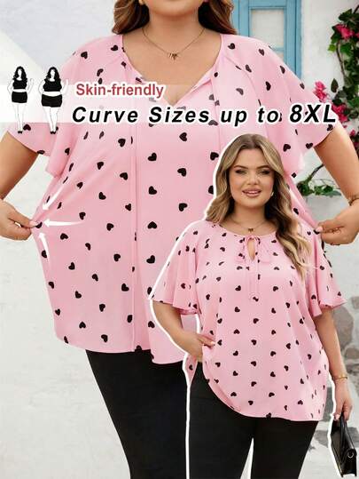 SHEIN CURVE+ CURVE PLUS /Valentine's Day/Plus Size Ruffled Heart-Shaped Spring And Summer Shirts, Valentine's Day Shirts