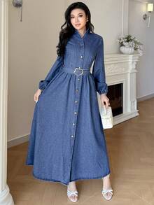 Modelyn Đầm denim nữ thời trang thường ngày, kiểu dáng bất đối xứng, thắt lưng tròn. - Rửa trung bình - Xem 4