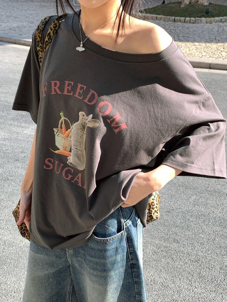 Women's Summer Loose Fit Asymmetrical Shoulder Floral Print Scoop Neck Short Sleeve Casual T-Shirt Graphic Tees Women Oversized