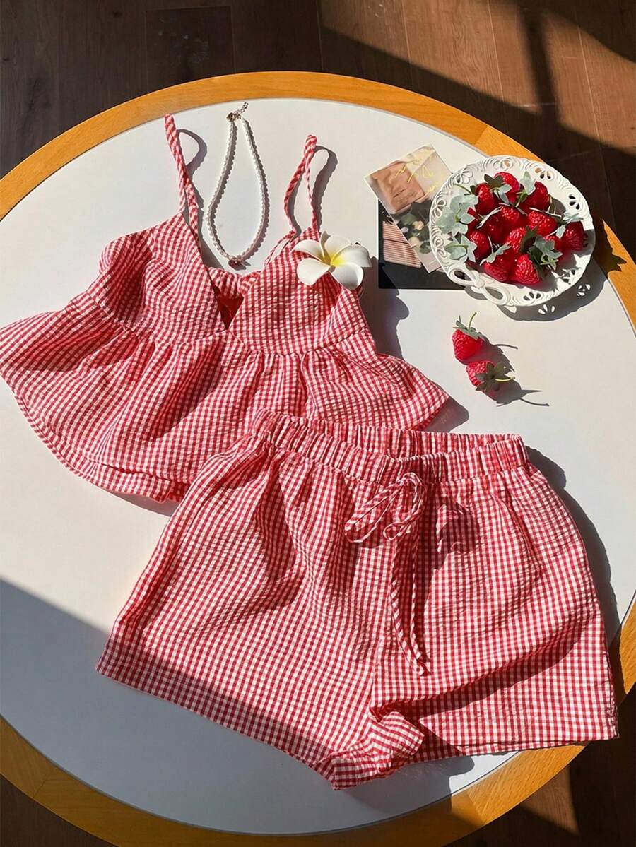 Comfortcana Red & White Plaid Camisole & Shorts Set, Plus Size - Red and White - View 1