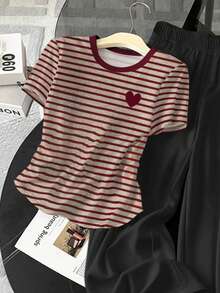 Resyla 2件套女士夏季休闲条纹爱心印花短袖T恤和裤子套装 - 彩色 - 查看 4