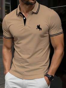 Manfinity Dauomo Áo polo nam cỡ lớn kiểu dáng thường ngày, viền tương phản, họa tiết hiệp sĩ, thích hợp cho mùa hè. - Xanh đậm - Xem 1