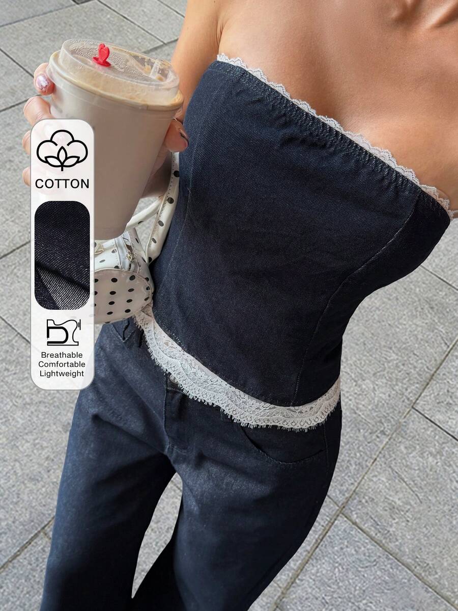 Livesso Mono de verano informal de mujer de algodón denim con parte superior de tubo y dobladillo de encaje - Azul lavado oscuro - Ver 1