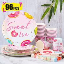 Sweet Donut Disposable Plates, Napkins And Paper Cups Party Set, Serves 24 Guests. This Disposable Paper Party Tableware Is Suitable For Birthdays, Weddings, Themed Parties And Family Picnics. - View 1