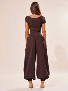 Radiana Coffee Brown Summer Boho Cottage Modest Vacation Women's Pleated Button Front Collared Top,Cinched Waist Bustier,Low Neckline Ruched Babydoll Blouse - Brown - View 5