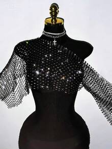 EgrlEra Women's Fishnet Rhinestone Cropped Top, Suitable For Holiday Party Outfits - Black - View 8