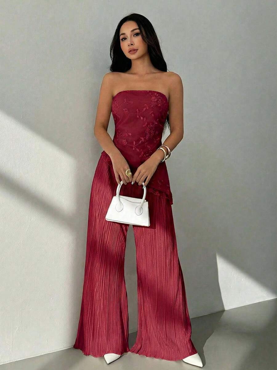 SHEIN PETITE Conjunto de 2 piezas de top bandeau y pantalones con estampado minimalista para mujer - Burdeos - Ver 1