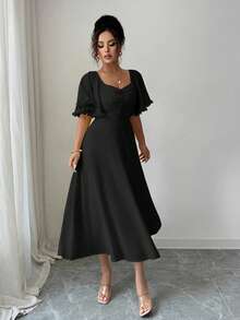Modelyn Women's Solid Butter Yellow Chiffon Ruffle Sleeve Design Summer French Style Vacation Dress - Black - View 7