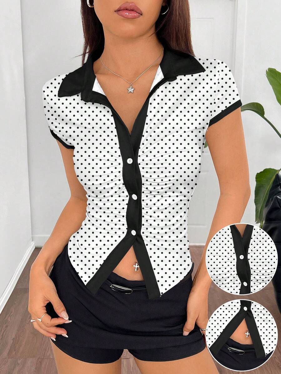 SHEIN EZwear Women's Casual Polka Dot Print Contrast Trim Shirt, Summer - White - View 1
