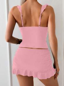 Swim Basics Conjunto de tankini de unicolor sexy para mujer, verano - Rosa - Ver 2