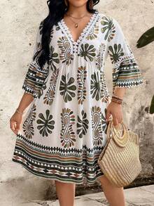 Đầm nữ cỡ lớn mùa xuân/hè in họa tiết hoa, cổ chữ V, kiểu bohemian, tay loe, phối ren, gấu đầm xếp ly, thoải mái, thích hợp cho kỳ nghỉ. - xanh quân đội - Xem 7