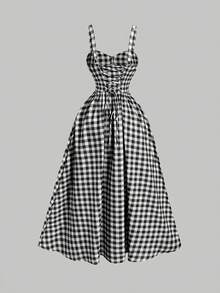 SHEIN MOD Đầm maxi dáng chữ A rộng, thắt lưng sau, họa tiết kẻ caro hồng trắng – Hoàn hảo cho kỳ nghỉ, hẹn hò, dã ngoại, tiệc tùng, dạ hội, lễ hội và sinh nhật; Phong cách cổ điển lãng mạn. - Đen và trắng - Xem 6