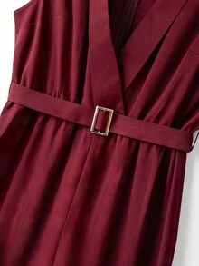 SHEIN PETITE CURVE 大码女士休闲纯色V领无袖金属扣腰带长款连体裤，适合居家和通勤；酒红色连体裤；阔腿连体裤；女士裤装；派对连体裤；优雅长款连体裤 - 酒紅色 - 查看 5