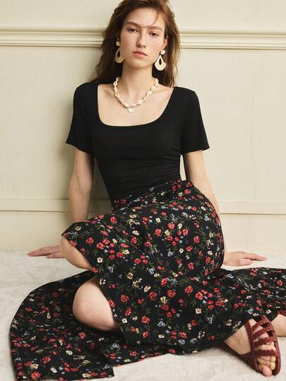 Écloséra Women's Summer Outfit, Beach Suit, Casual Vacation Wear, Solid Color T-Shirt + Floral Print Skirt, Suitable For Holiday And Daily Casual