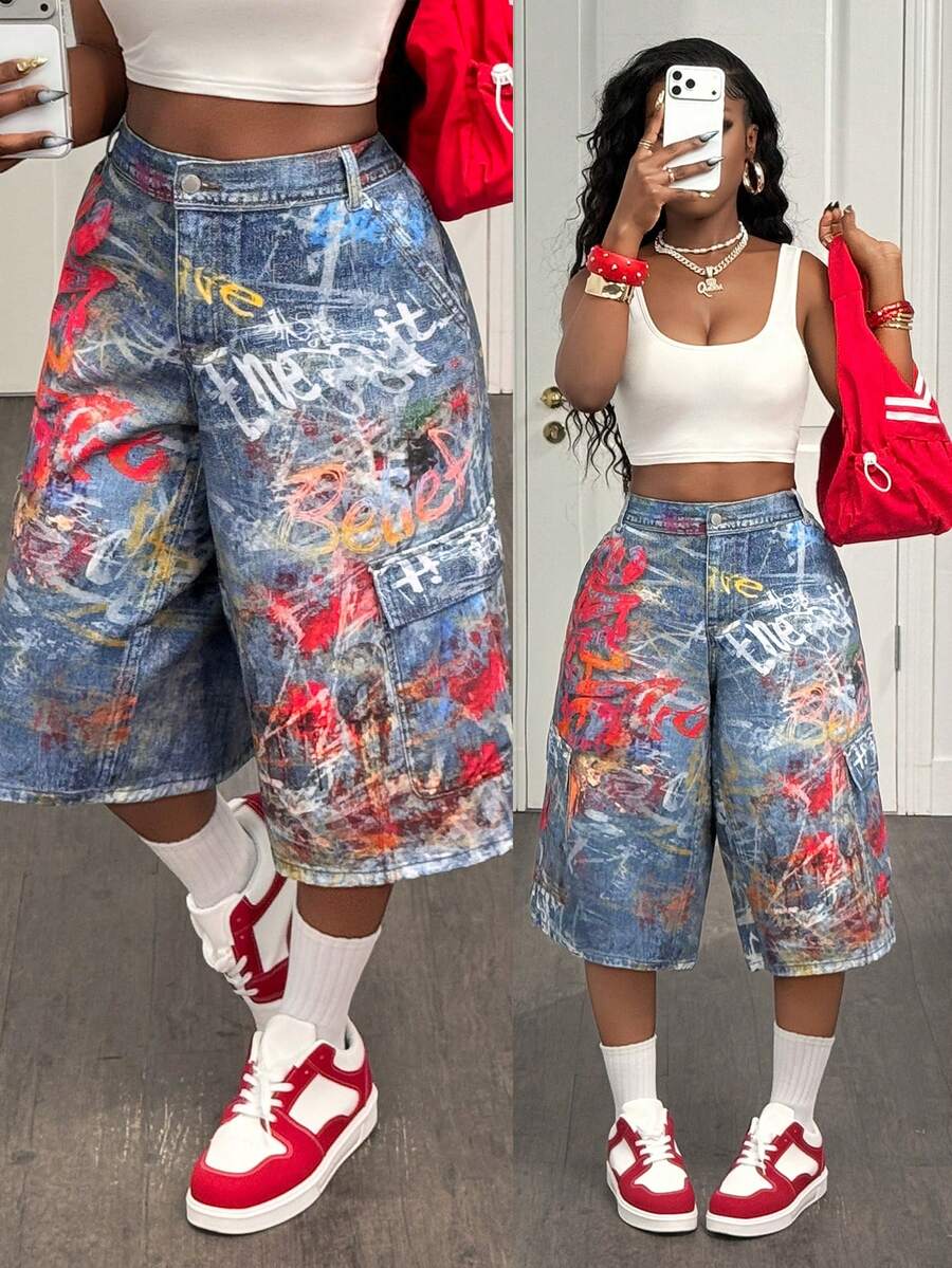 Slaydiva Shorts vaqueros tipo bermuda de tiro alto con bolsillos cargo y estampado de letras para mujer - Verde militar - Ver 1