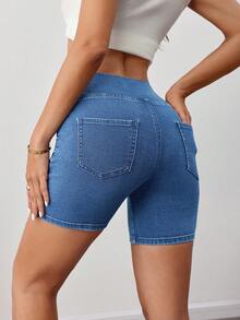 SHEIN Tall 女款牛仔短褲，休閒修身短牛仔褲，適合高個女性 - 淺色水洗藍 - 查看 3
