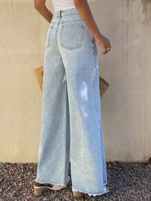 DAZY Women's Regular Mid-Waist Frayed Hem Loose Straight Leg Casual Jeans - Light Wash - View 4